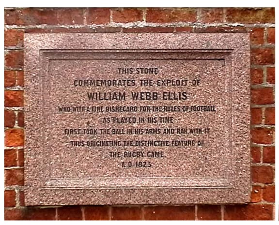 Plaque at the Rugby School in memory of William Webb Ellis who is said to have invented the rugby sport.