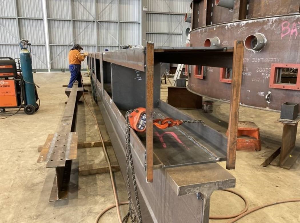 The new strut for the Auckland Harbour Bridge taking shape in a Whangarei workshop. It will be completed and transported by road to Auckland on  Saturday.