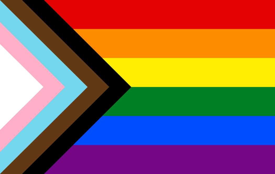 Pride flag variant based on Daniel Quasar's 2018 design combining elements of the Philadelphia flag and the trans pride flag, and brown and black.