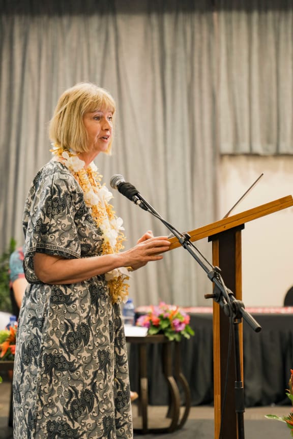 Ann Marie Skelton, chairperson of the United Nations Committee on the Rights of the Child speaks at the official opening of the “Regional Experience Sharing Workshop on Implementation of Recommendations” by the UN Committee on the Rights of the Child was held this morning in Apia, Samoa.

Hosted by Samoa’s  Minister of Women, Community and Social Development, Hon. Mulipola Anarosa Ale Molioo, and heads of regional and international agencies, the three-day meeting is bringing Pacific Island governments and the CRC Committee together to discuss children’s rights issues and to promote a stronger commitment to the implementation of the Convention.

PC: Myka Stanley Media