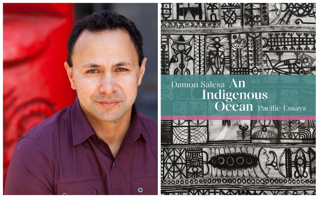 Damon Salesa and the cover of his book "An Indigenous Ocean: Pacific Essays".