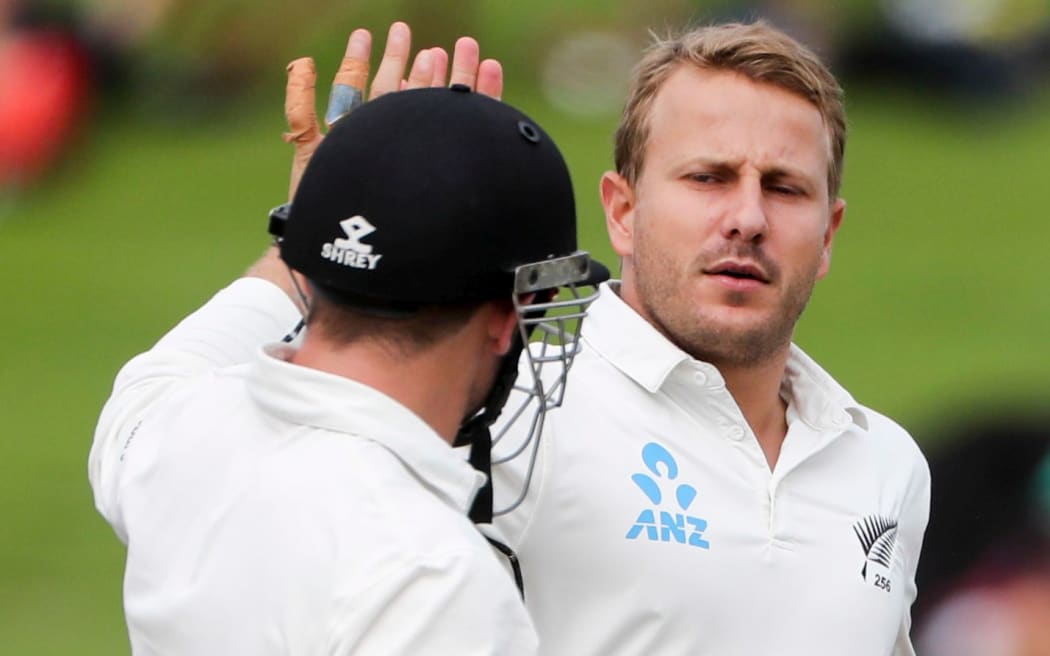 Neil Wagner celbrates the wicket of Keshav Maharaj.