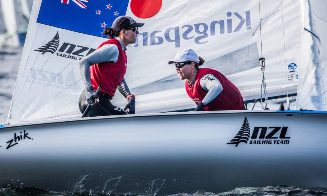 Jo Aleh and Polly Powrie in the medal race, Rio, 2015.