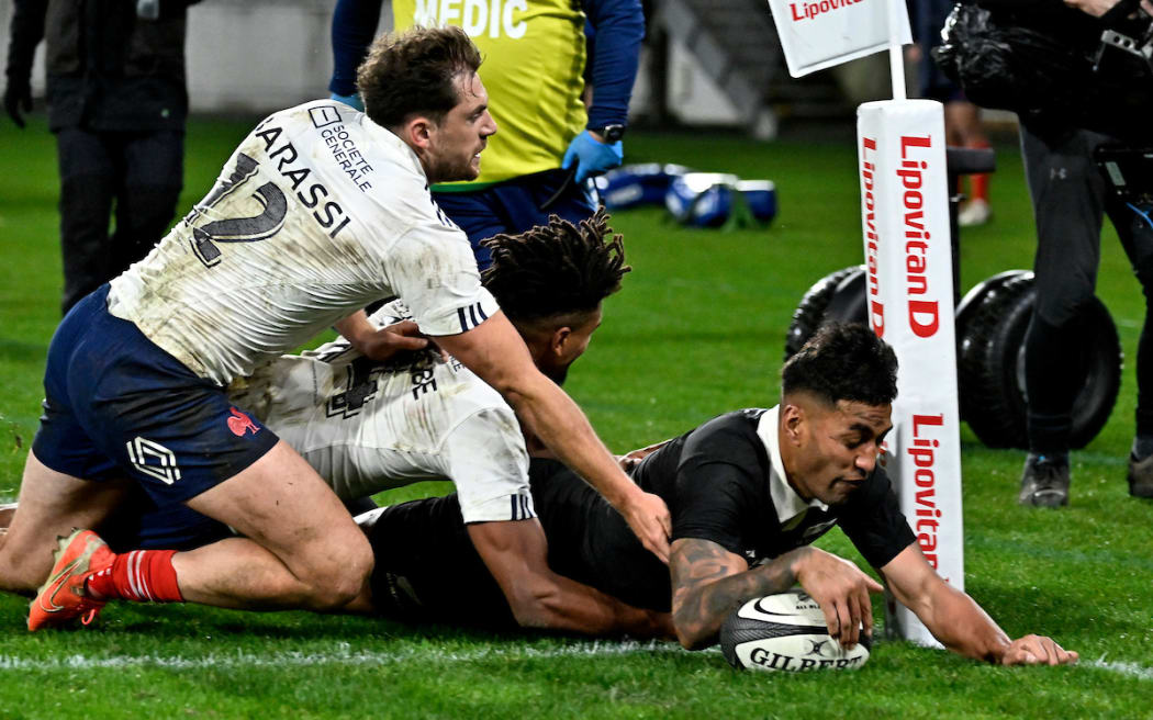 Rieko Ioane scores against France.