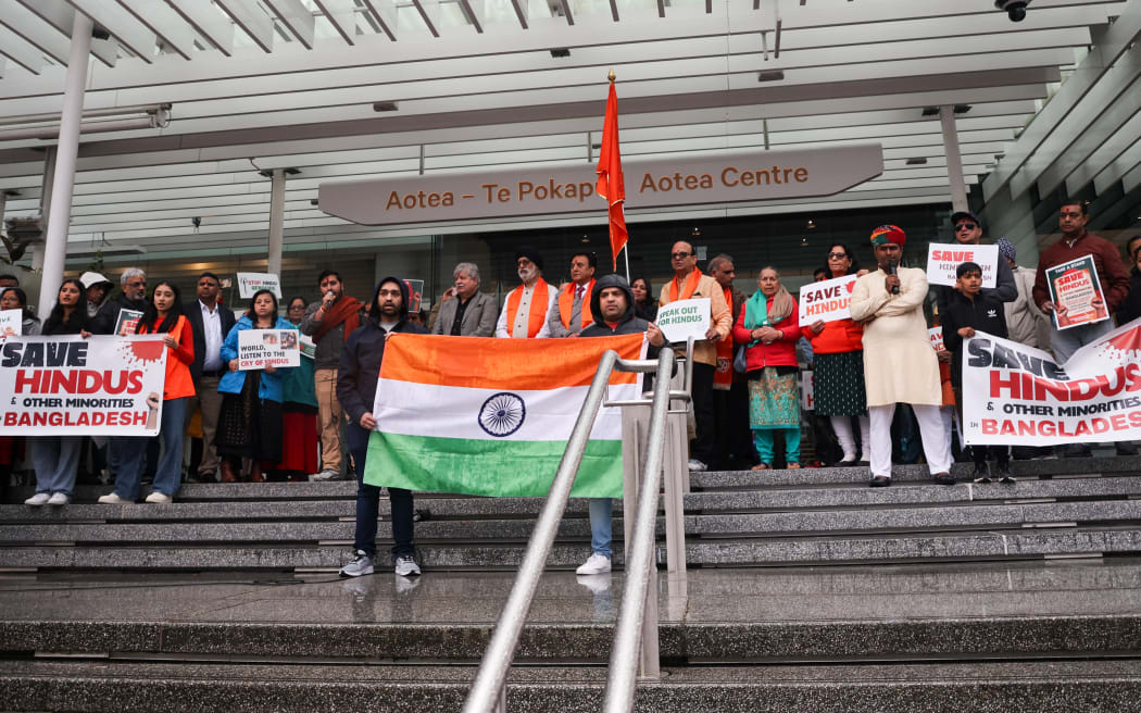 Several Hindu organisations organised a joint protest in Auckland’s Aotea Square on Sunday afternoon to highlight what they called “the ongoing atrocities being committed on Hindus and other minorities in Bangladesh” after the fall of Sheikh Hasina’s government.