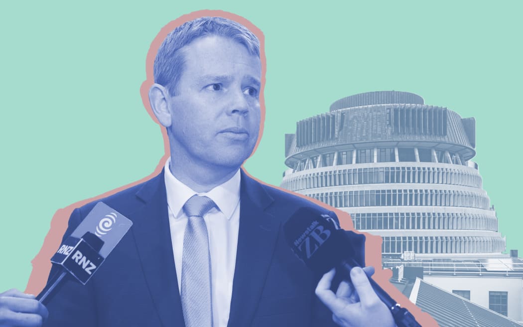 Stylised composite of Chris Hipkins and the Beehive