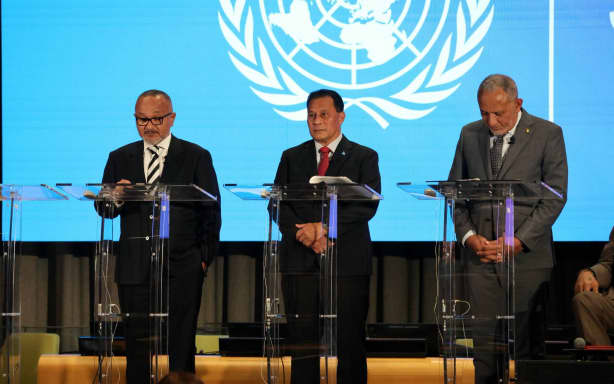 Solomon Islands Prime Minister Matthew Wale (left) urging climate action at the UN Secretary-General's Climate Action Summit on 'Just Transition' at the Trusteeship Council in New York, 23 September 2026.