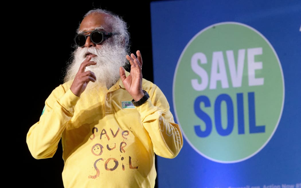 Guru Sadhguru speaks at an event as part of the "Save the Soil" campaign.