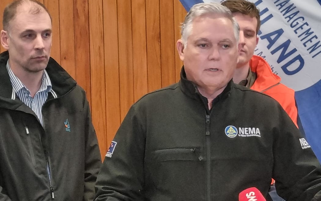 Emergency Management Minister Mark Mitchell briefs media on storm recovery in Invercargill.