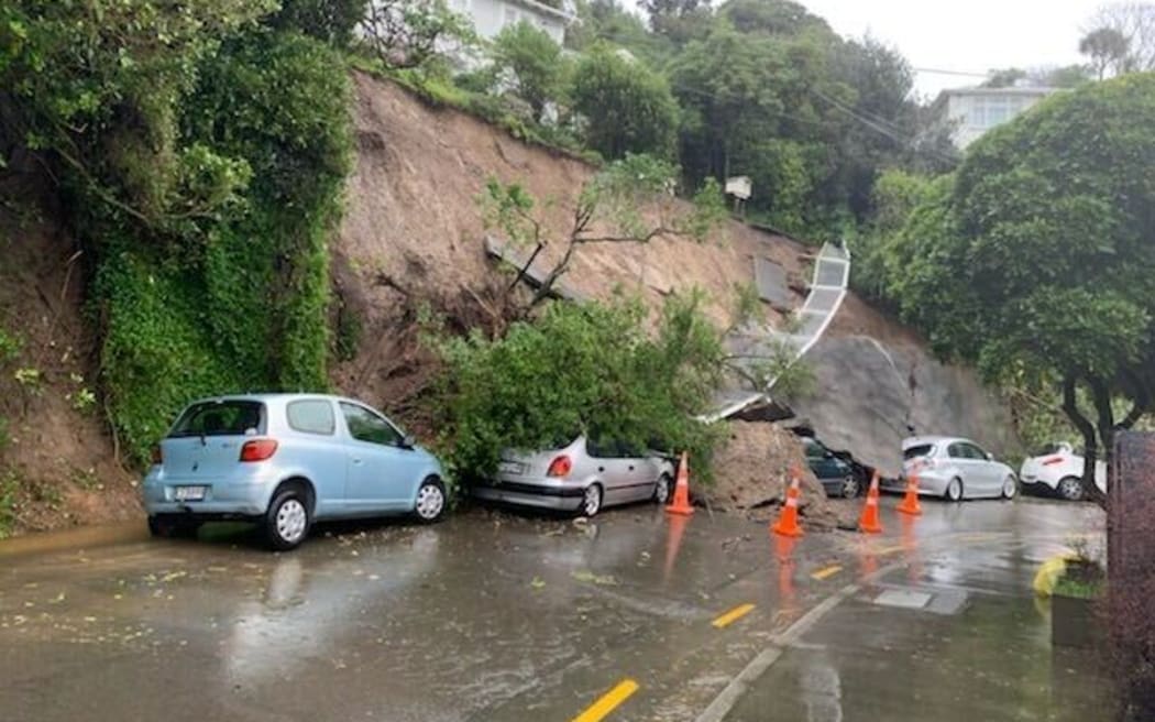 A large landslide fell onto three cars in Wellington's Sutherland Cresent, Melrose, on Saturday 20 August, 2022.