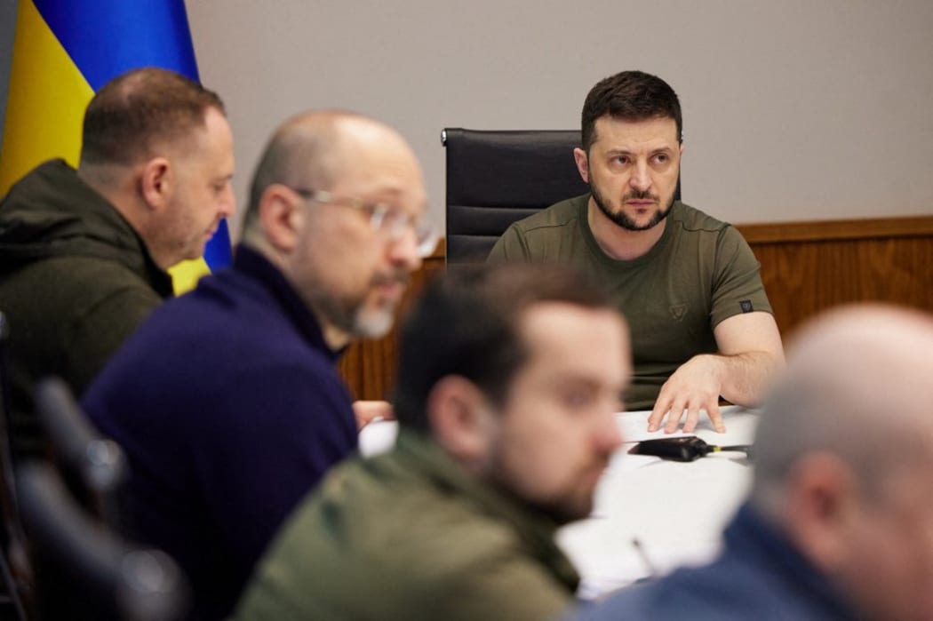 A handout picture taken and released by the Ukrainian presidential press-service on 2 April, 2022 shows president Volodymyr Zelensky holding a meeting with the economic blocs of the Office of the Head of State and the Cabinet of Ministers.