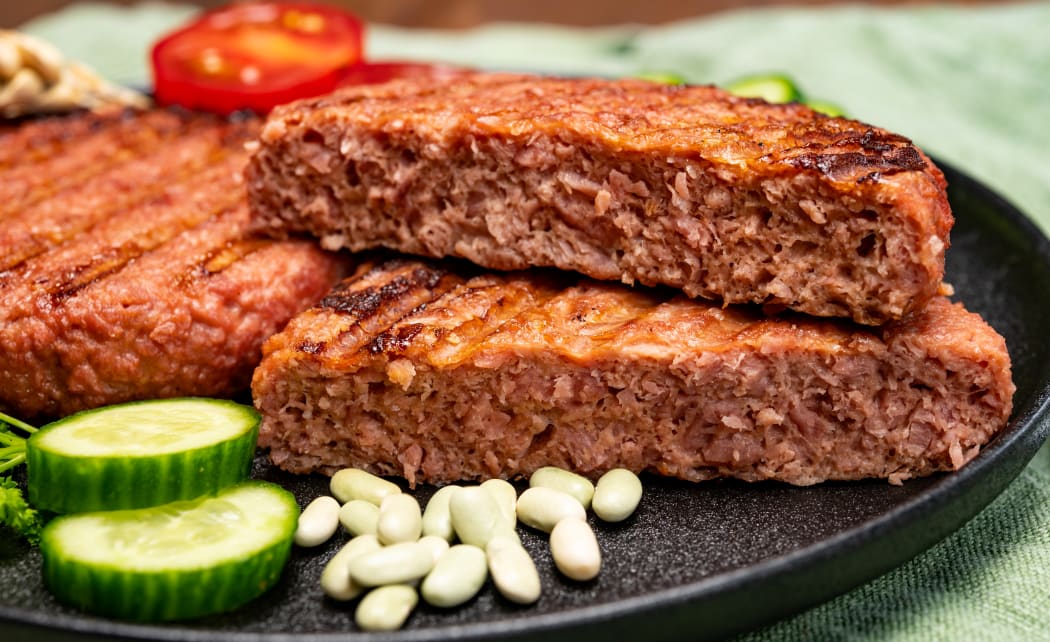 Source of fibre plant based vegan soya protein grilled burgers, meat free healthy food close up