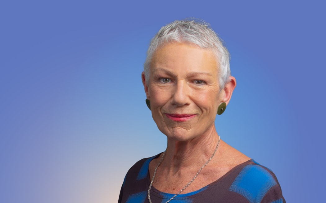 Host Kim Hill on a soft blue background