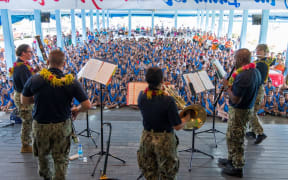 US Navy Woodwind Quintet performs at a school in Apia.