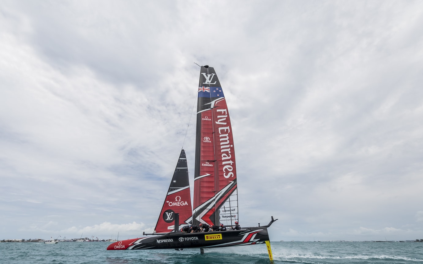 Emirates Team New Zealand during the Louis Vuitton America's Cup Qualifiers at the 35th America's Cup, Bermuda, 2017.