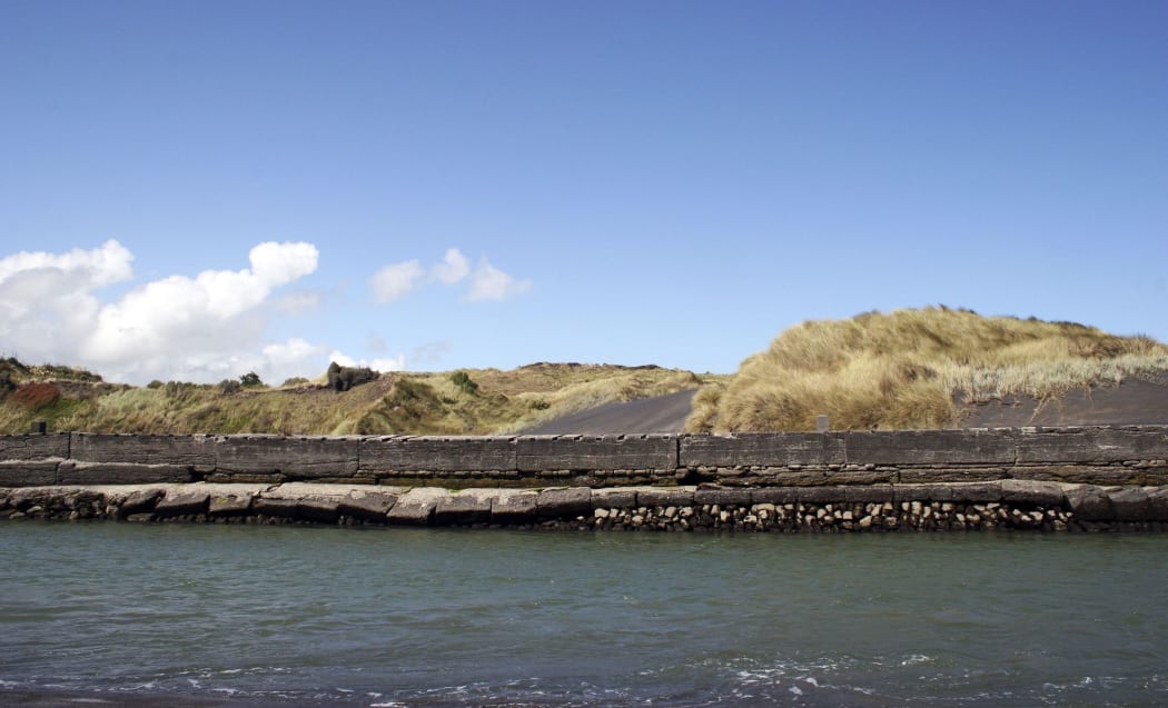 The sea wall at the Patea River mouth.