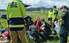 Rescue teams at the scene of the skydiving accident near Parakai.