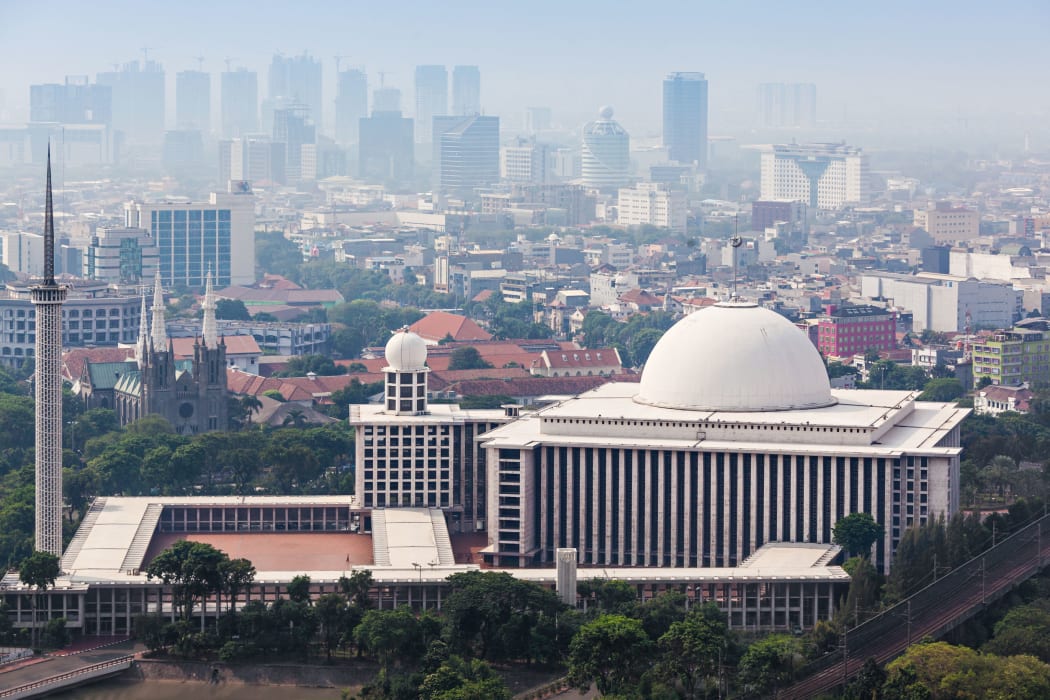 JAKARTA, INDONESIA - OCTOBER 21, 2014: Aerial view of Istiqlal Mosque. It is the largest mosque in Southeast Asia.