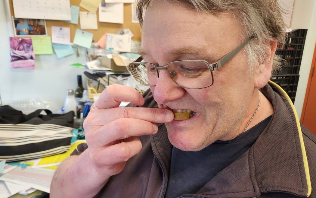 Tom Paterson with a piece of kiwifruit in his mouth, sampling the fruit as part of research