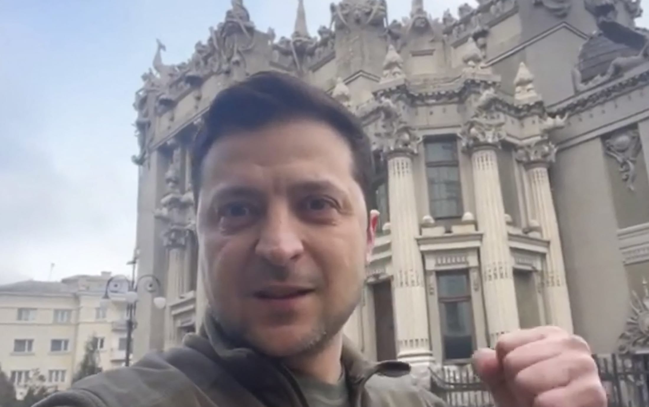 Volodymyr Zelensky speaking to the camera after Ukrainian forces said they had repulsed a Russian attack on their capital, on Saturday.