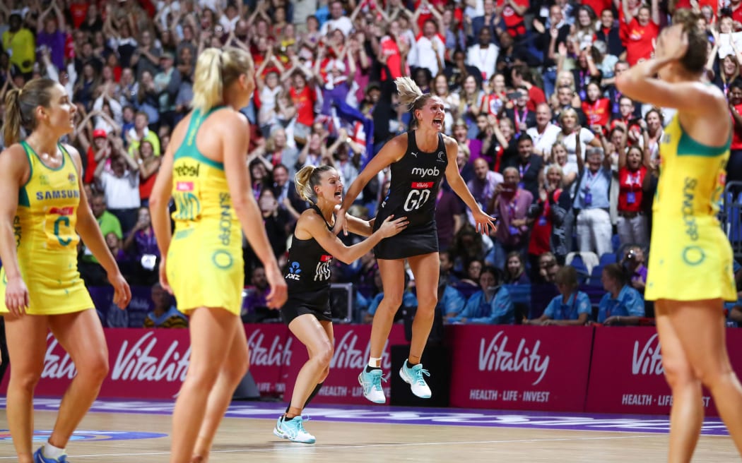 Katrina Rore and Casey Kopua celebrate winning the 2019 Netball World Cup