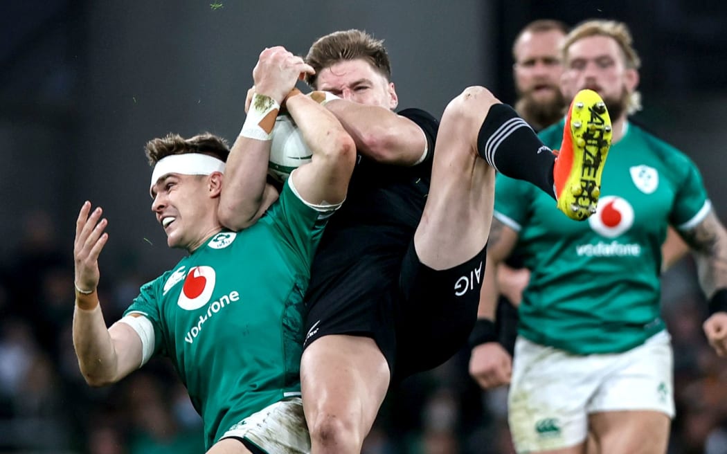 Autumn Nations Series, Aviva Stadium, Dublin 13/11/2021
Ireland vs New Zealand 
Ireland's Garry Ringrose competes in the air with Jordie Barrett of New Zealand 
Mandatory Credit Â©INPHO/Gary Carr