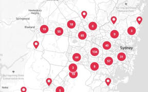 A map showing the locations of new Covid-19 cases in the wider Sydney area on Friday.