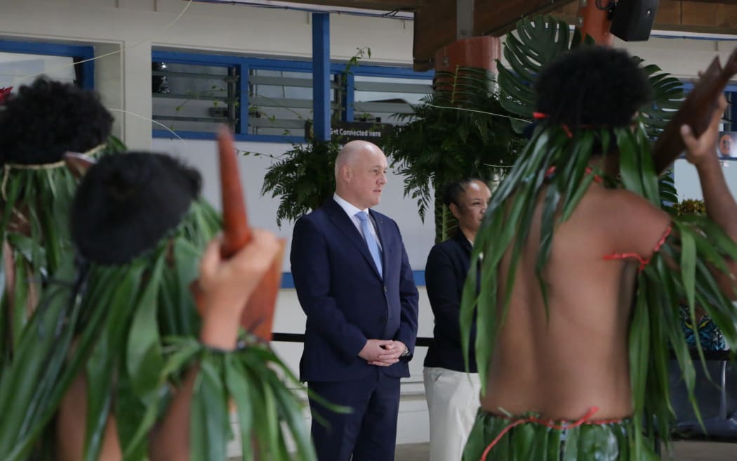 Christopher Luxon watches on during a welcome ceremony in Niue.
