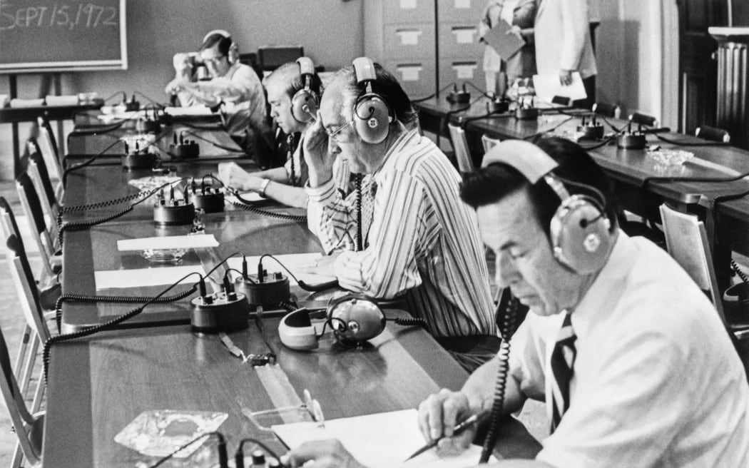 US members of the house of representatives listen to the Nixon White House tapes on August 7, 1974 in Washington DC.