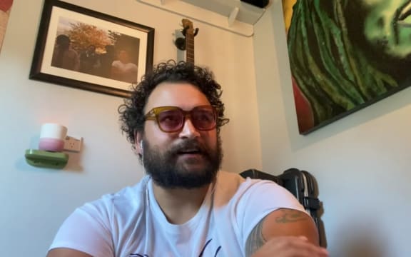 Troy Kingi accepting the 202 Taite Prize via video link