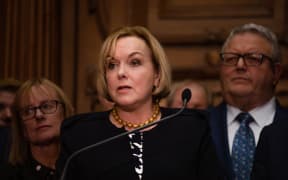 National Party leader Judith Collins addresses media alongside deputy leader Gerry Brownlee following the emergency caucus meeting on 14 July.