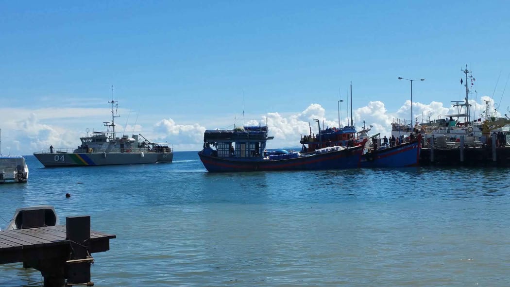 Vietnamese blue boats seized on Sunday in Solomon Islands Rennell and Bellona province, for allegedly fishing illegally off of Indispensable Reef, dock at the Patrol Boat Base in Honiara on Wednesday 29-03-2017.