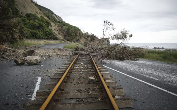 Railway tracks ripped from the line alond state highway 1 - north of Kaikoura