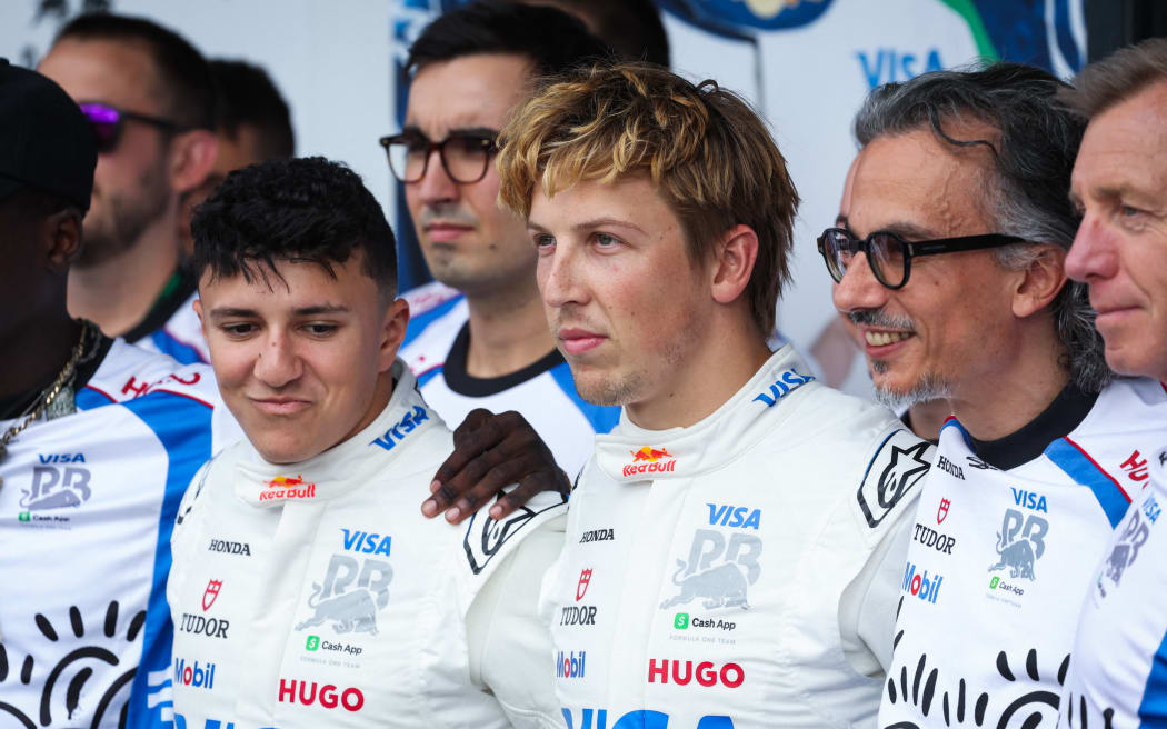 Racing Bulls F1 lineup (L to R) Iasck Hadjar, Liam Lawson and Laurent Mekies.