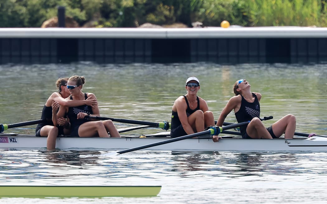 Paris Olympic women's fours final. Jackie Gowler, Phoebe Spoors, Davina Waddy and Kerri Williams from New Zealand after winning bronze. 2024.