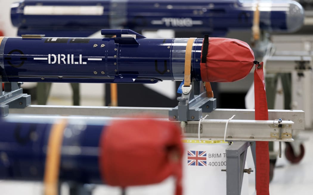 An MBDA Brimstone training weapon is pictured at the MBDA missile factory in Stevenage, on May 31, 2025, ahead of the UK Government's upcoming Strategic Defence Review. (Photo by Dan Kitwood / POOL / AFP)