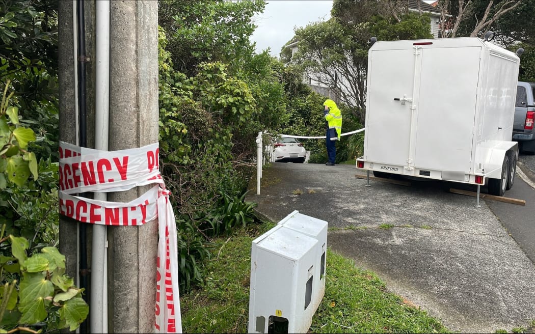Police cordon off a residential address on Totara Road, where a homicide investigation is under. after the death of a woman in Miramar, Wellington, on 17 October, 2023.