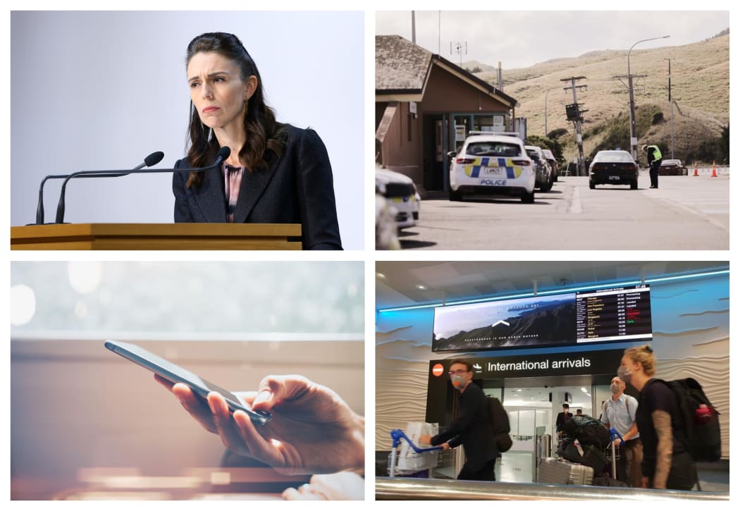 Clockwise from top left: Jacinda Ardern speaks to media, police checkpoints ahead of Easter weekend, international arrivals will have mandatory quarantine, and the Ministry of Health is working on an app for contact tracing.