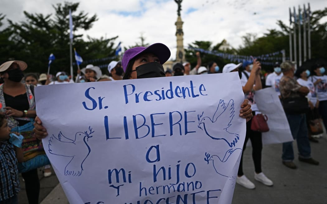 Opposers to the government of Salvadoran President Nayib Bukele take part in a demonstration to protest against Bukele's security policies, during El Salvador's 201st anniversary of independence this month.
