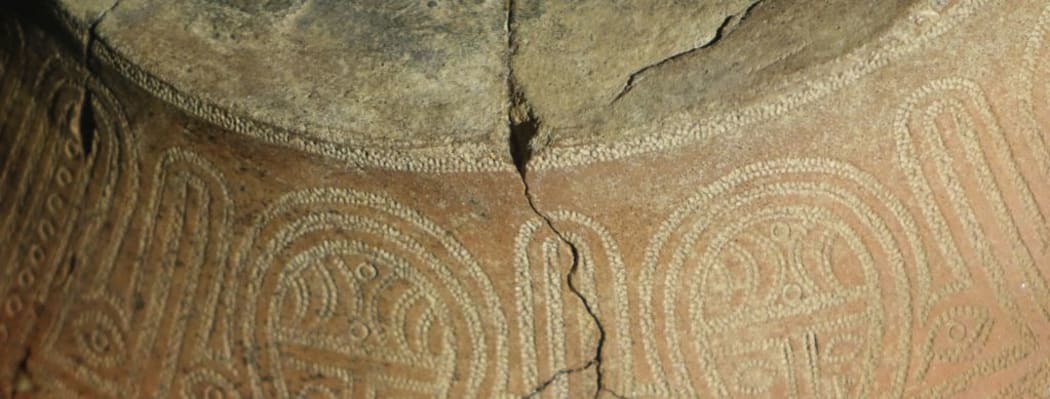 Detail of the intricate pottery designs on Lapita ceremonial pots.