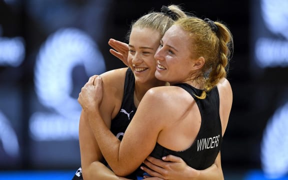 Monica Falkner and Sam Winders after the Taini Jamison Trophy test against England at Claudelands Arena, Hamilton, New Zealand. 28 October 2020.