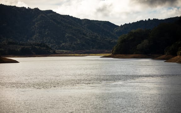Aerials and stills of the Upper Mangatangi Dam at 44 percent of capacity