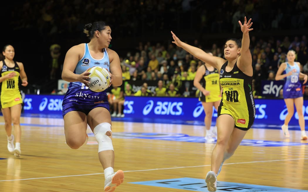 Mystics Peta Toeava (L) with Pulse's Fa'amu Ioane during the ANZ Premiership Grand Final - Pulse v Mystics at TSB Arena, Wellington, 4 August 2024. © Copyright image by Marty Melville / www.photosport.nz