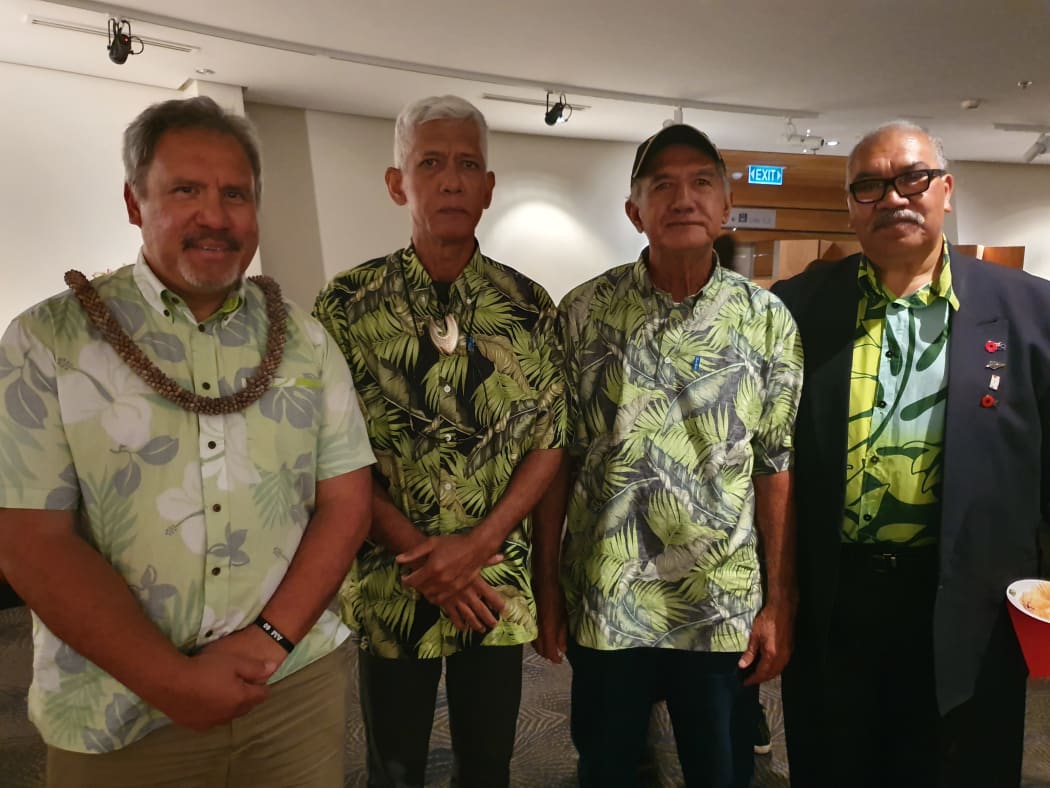 From left, Auckland Museum's cultural advisor for French Polynesia Ena Manuireva, Jean-Claude Tautu, Papi Ite Tautu, both descendants of Tupaia and Ben Tei of the Cook Islands.