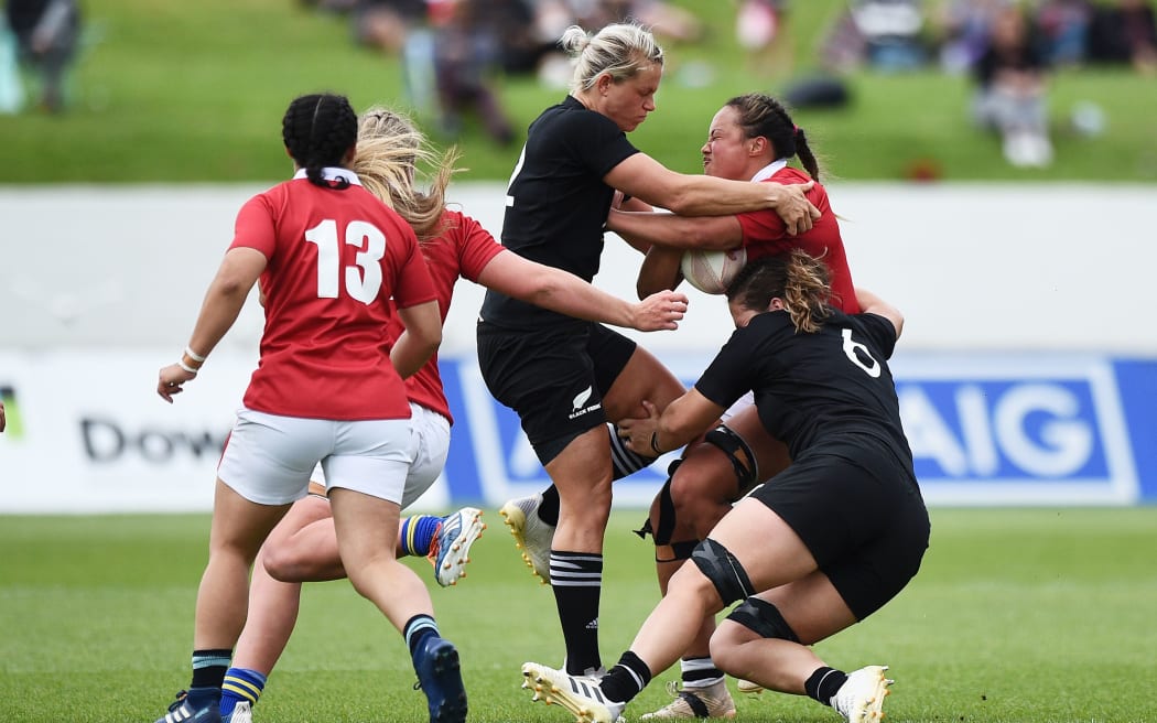 Black ferns Chelsea Alley tackles Barbarians player Joanah Ngan-Woo during their rugby match. Black Ferns v New Zealand Barbarians. 2020.
