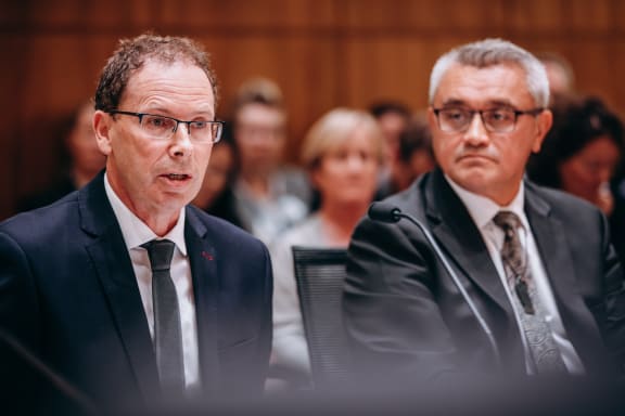 RNZ chief executive Paul Thompson, left, and board chairman Dr Jim Mather at the Economic Development, Science and Innovation select committee on Thursday 13 February.