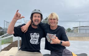 Benson Lockhart (left) with his son at the Tairua Skate Park opening 15 April 2024.