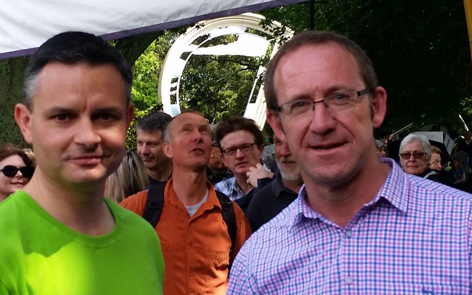 Green Party co-leader James Shaw, left, and Labour leader Andrew Little at a climate march in Auckland.