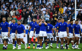 Samoa’s Theo McFarland (calling) during the Manu Siva Tau before the game against Argentina on 23 September, 2023 in Saint-Etienne, France.