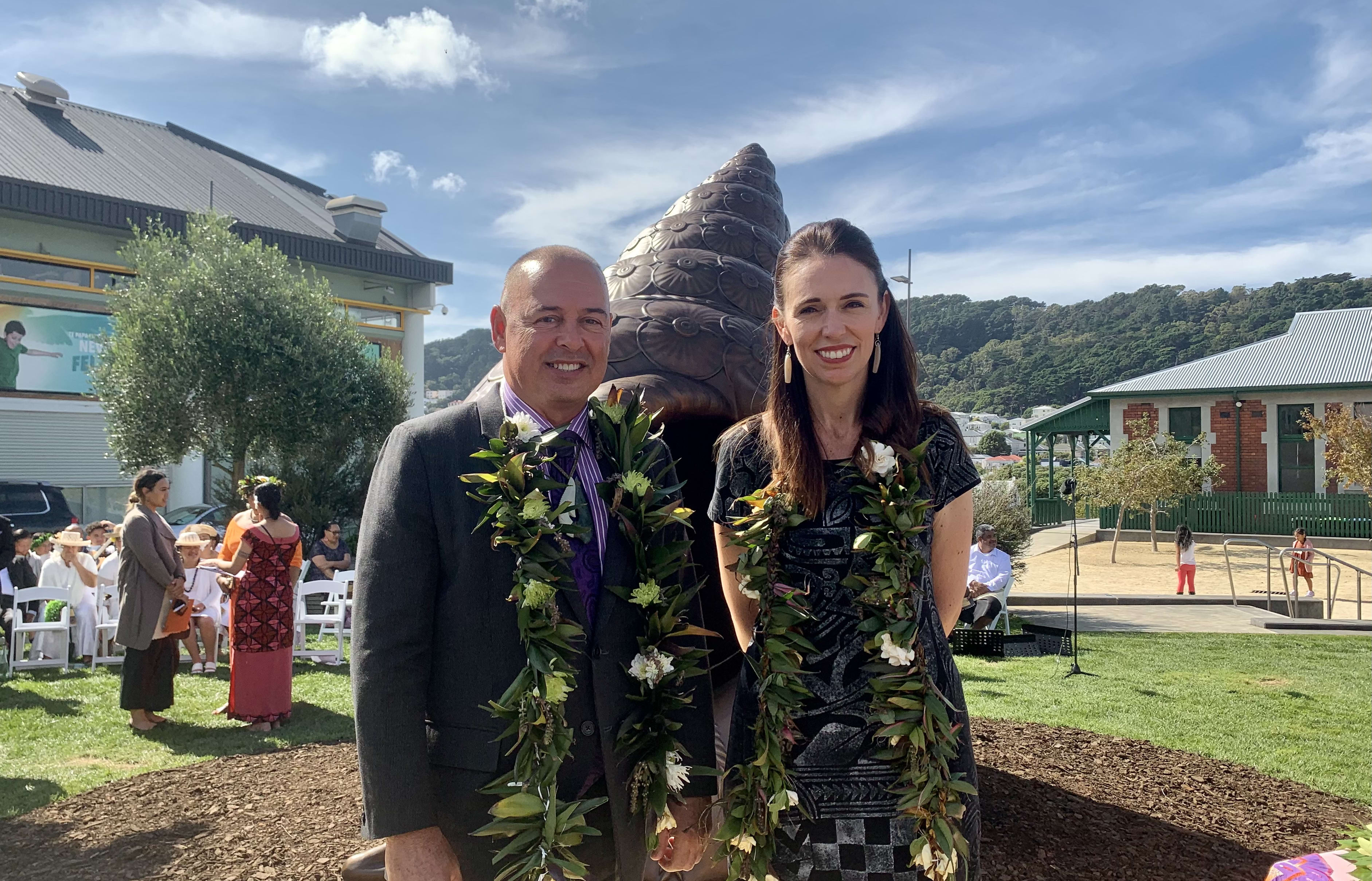 Cook Islands PM Mark Brown and New Zealand PM Jacinda Ardern at dedication of Te Reo Hotunui o Te Moana Nui a Kiwa, the Pacific Islands Memorial at Pukeahu.